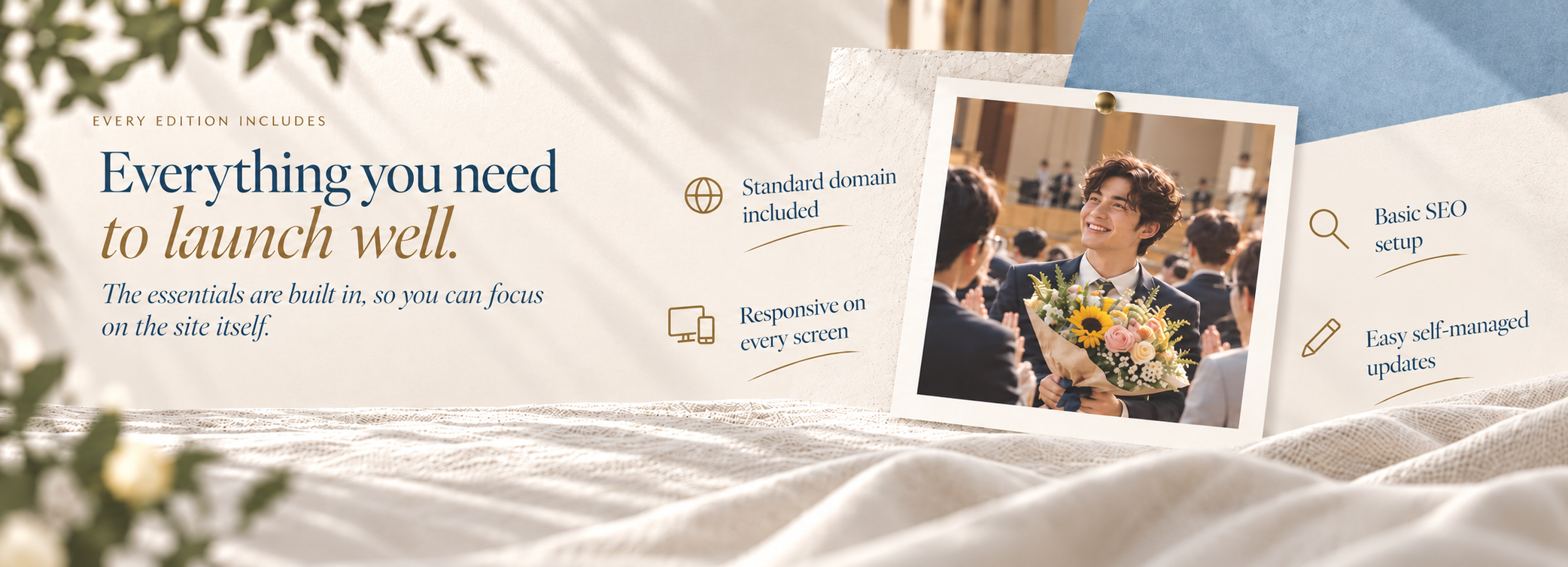 Every LayerScene Edition includes a standard domain for the first year, responsive design for desktop, tablet and mobile, basic SEO setup, and easy self-managed updates.
