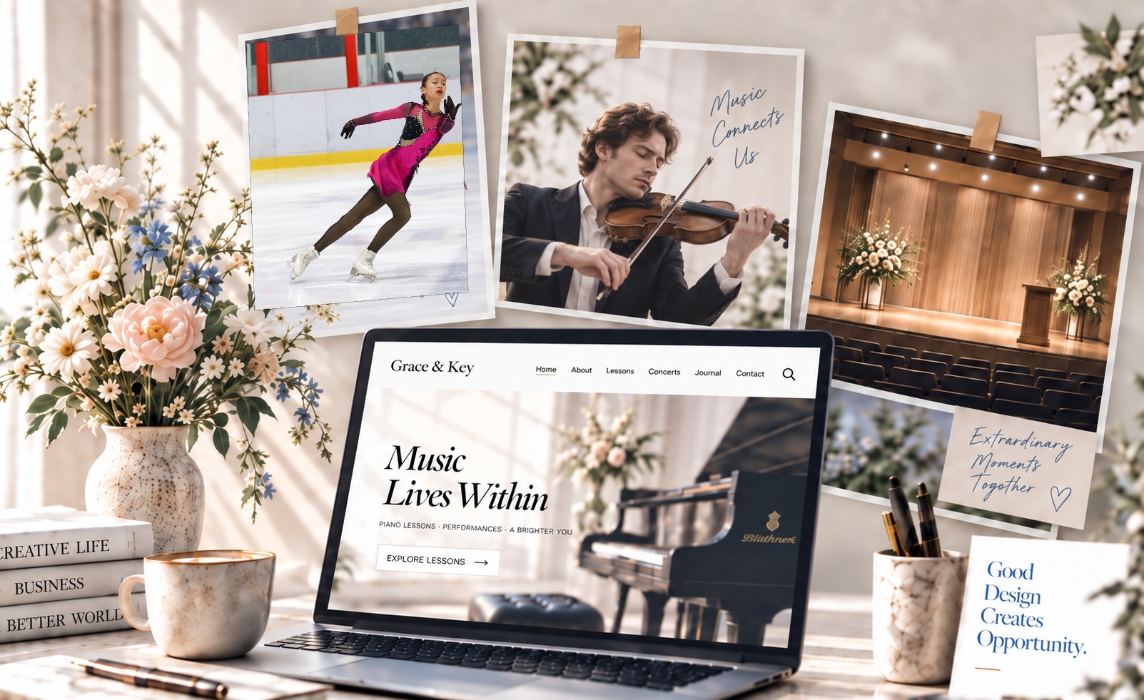 Bright creative studio desk with design references, skating, violin, event imagery and a laptop website mockup