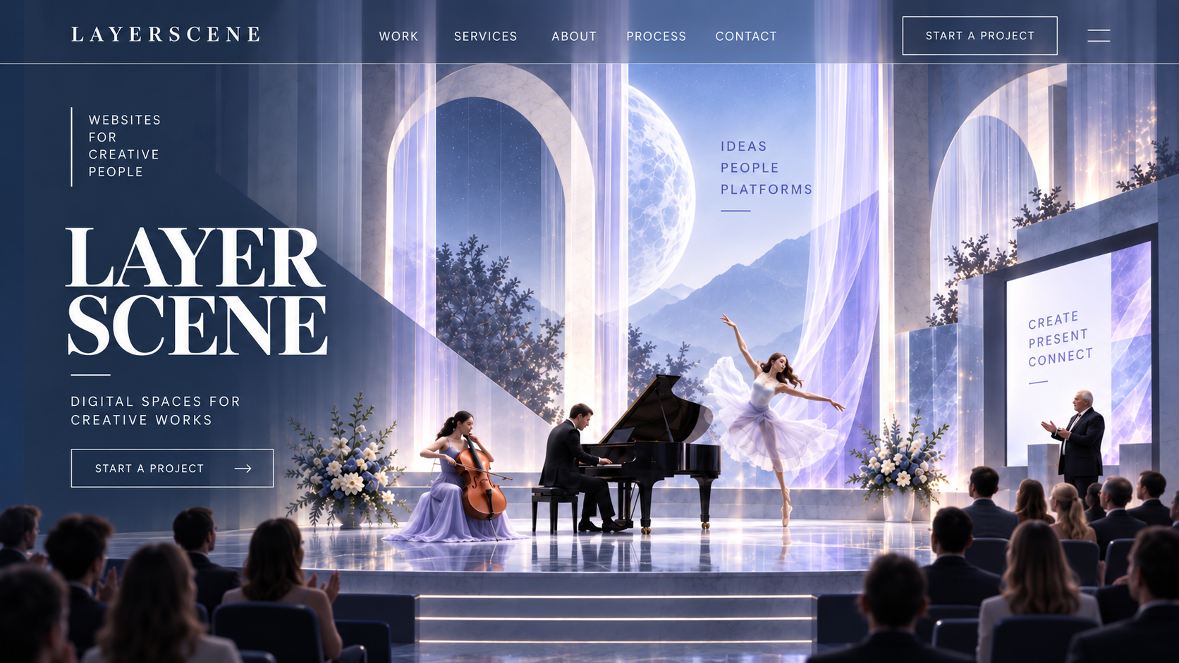 LayerScene creative stage with cello, piano, dance and presentation spaces