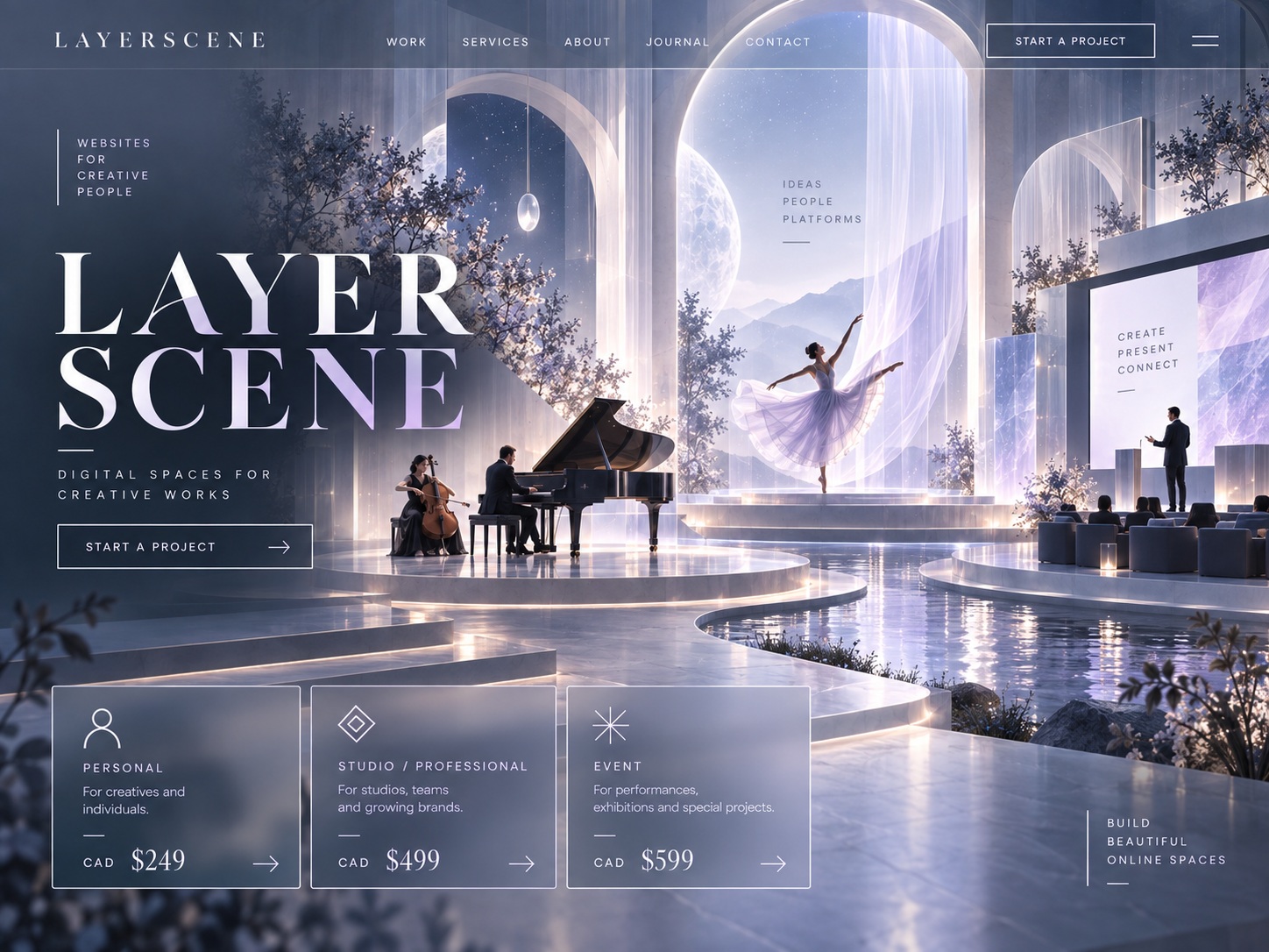 LayerScene creative website design homepage with separate stages for music, movement and presentation